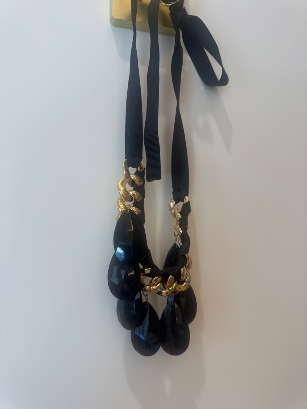 Black Teardrop Statement Necklace with Gold Chain and Ribbon